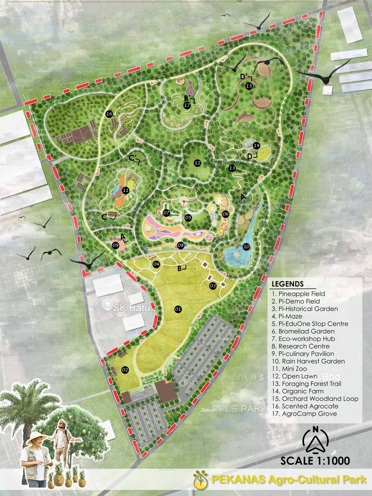 PEKANAS Agro-Cultural Park masterplan: a 17-zone pineapple park with fields, gardens and forest loops, scale 1:1000